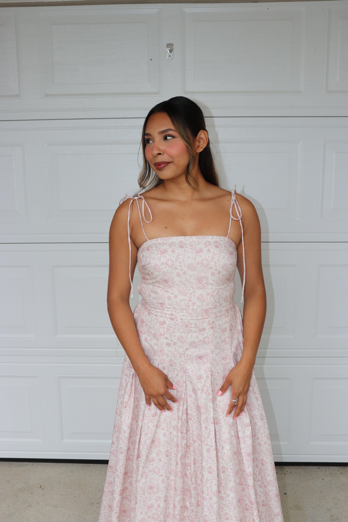 Pink floral drop waist midi dress