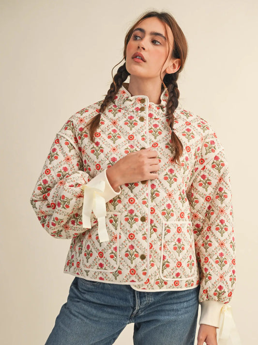 Floral quilted jacket with ribbon detail