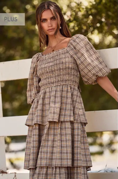 Plus - Brown plaid midi dress