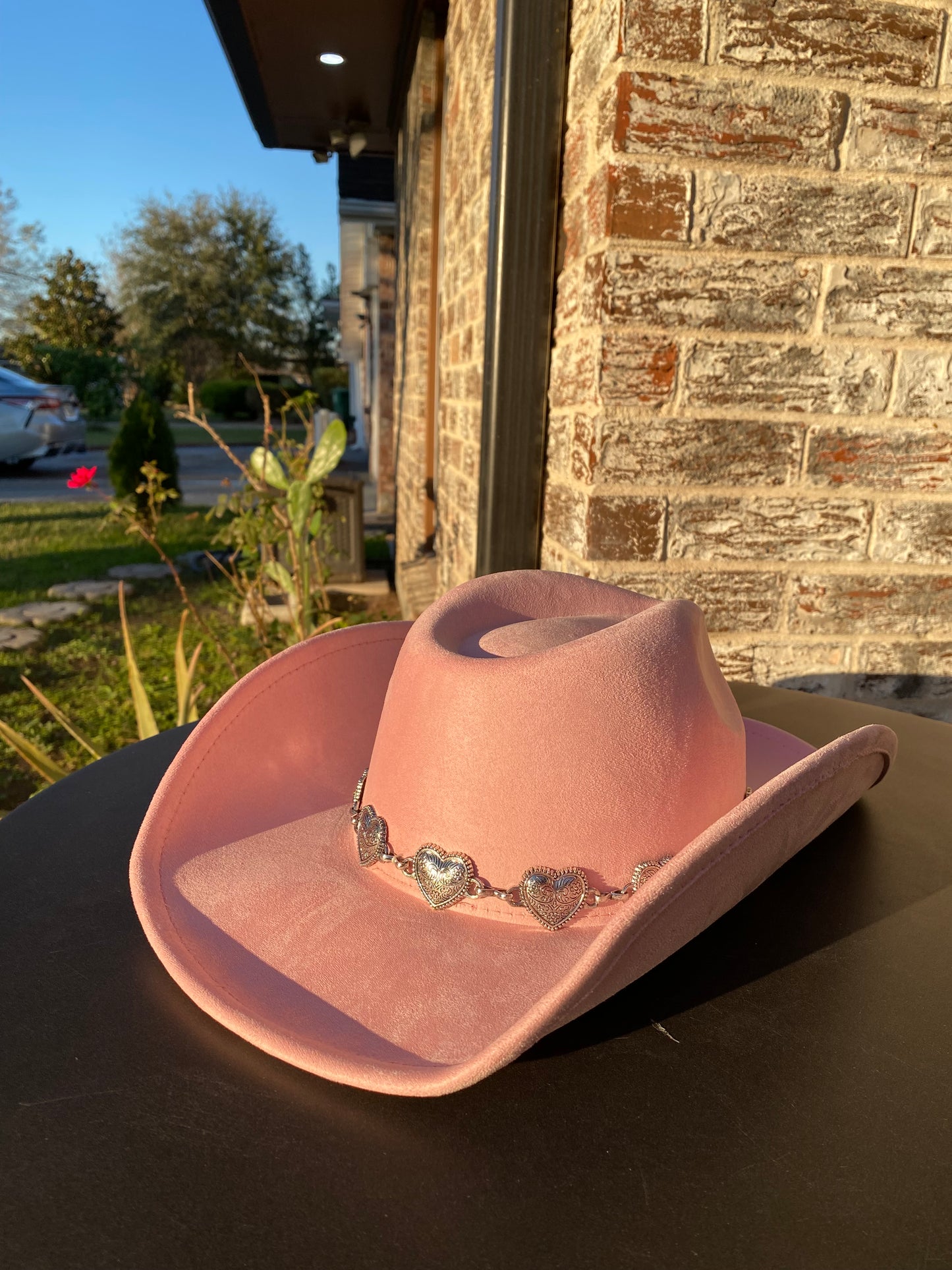 Pink cowgirl hat with metallic hearts