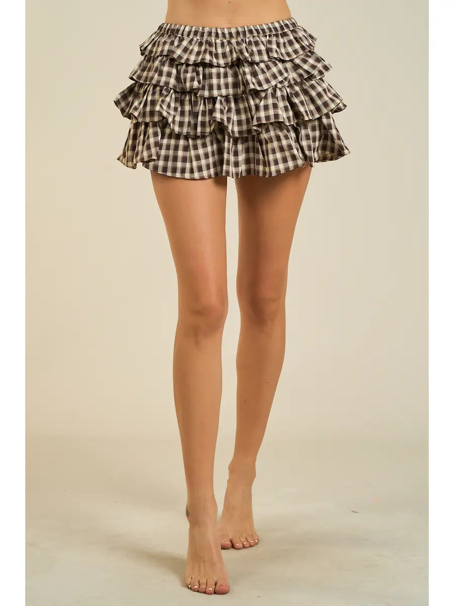 Plaid brown ruffle skort