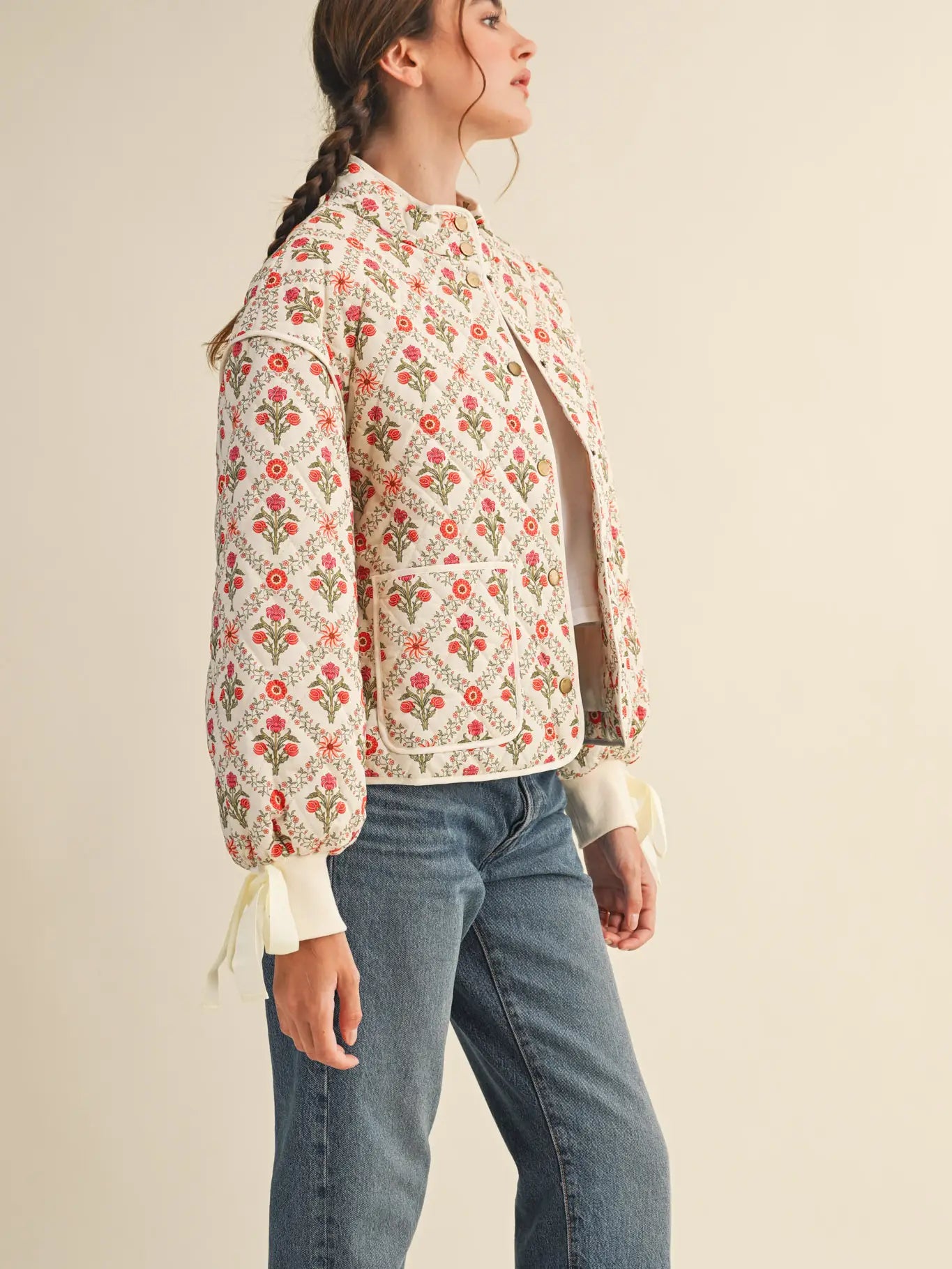 Floral quilted jacket with ribbon detail