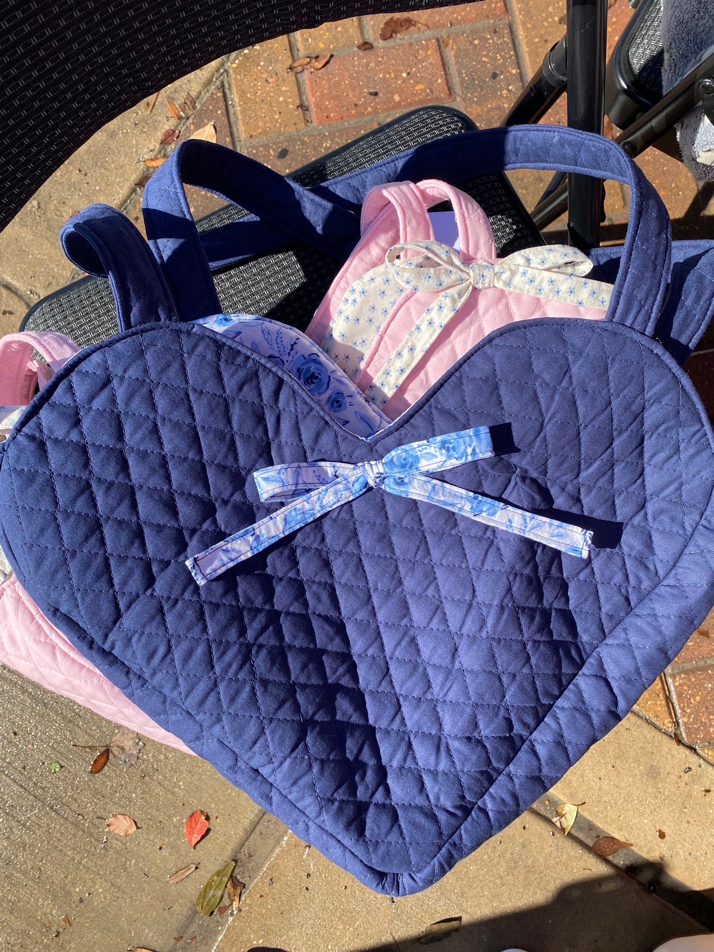 Navy blue heart bag with blue florals