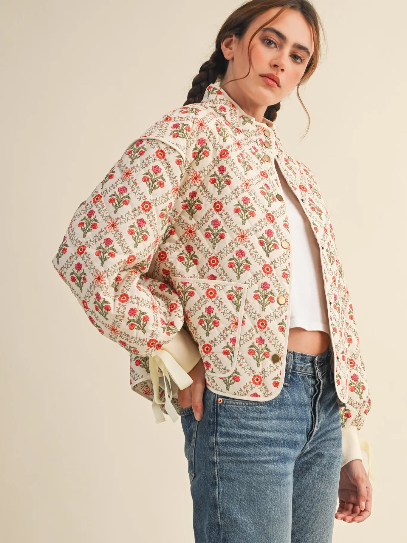 Floral quilted jacket with ribbon detail