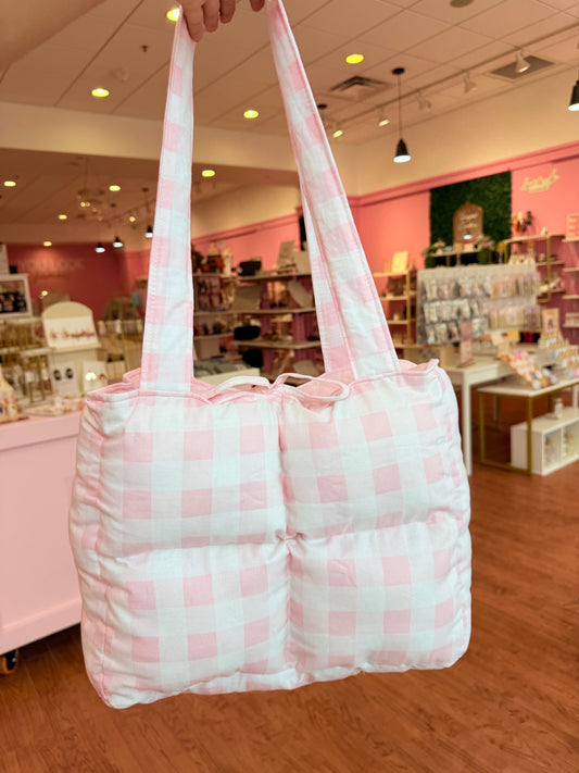 Preorder: Handmade light pink gingham book tote