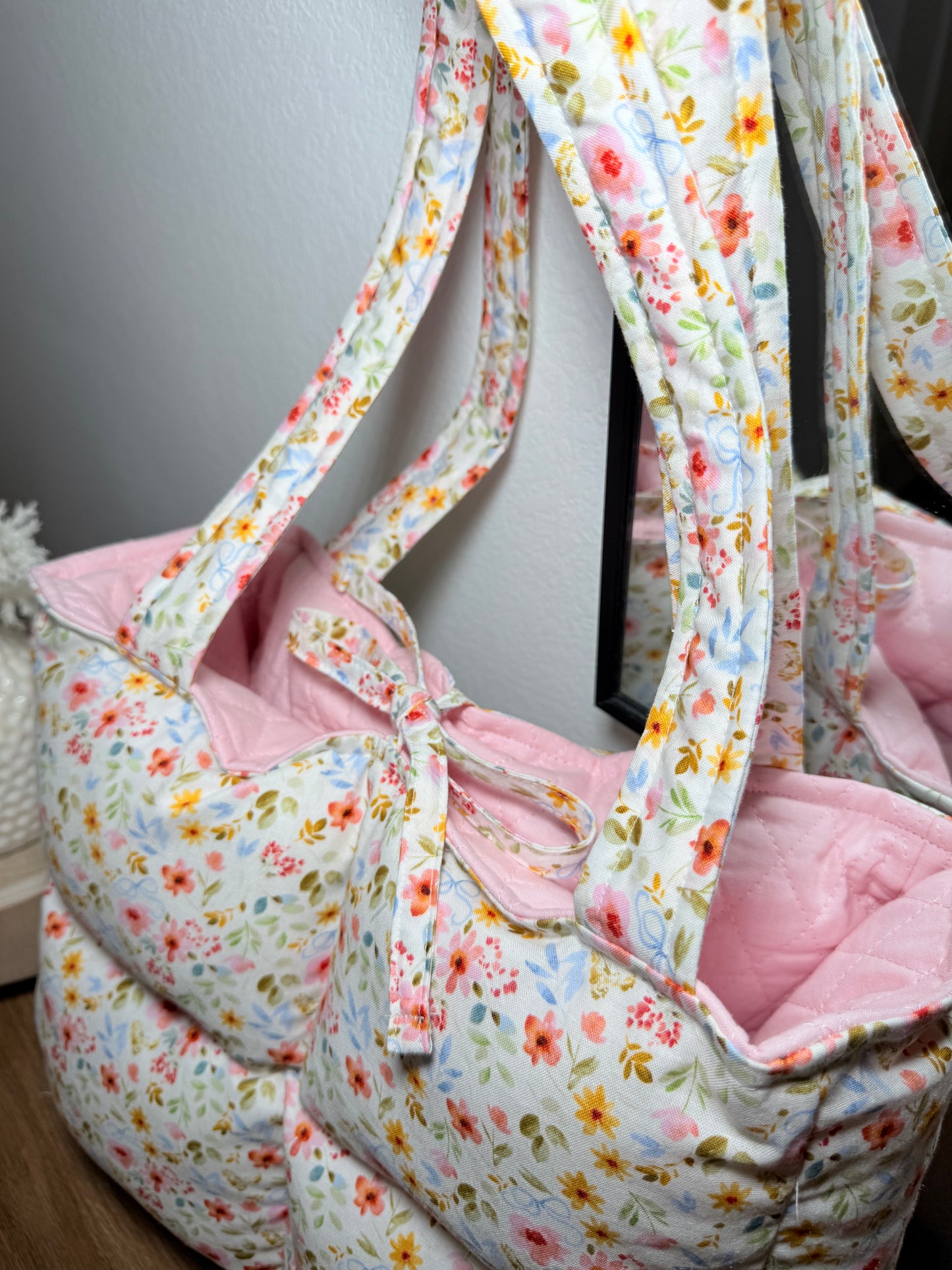 Preorder: Handmade light pink floral book tote