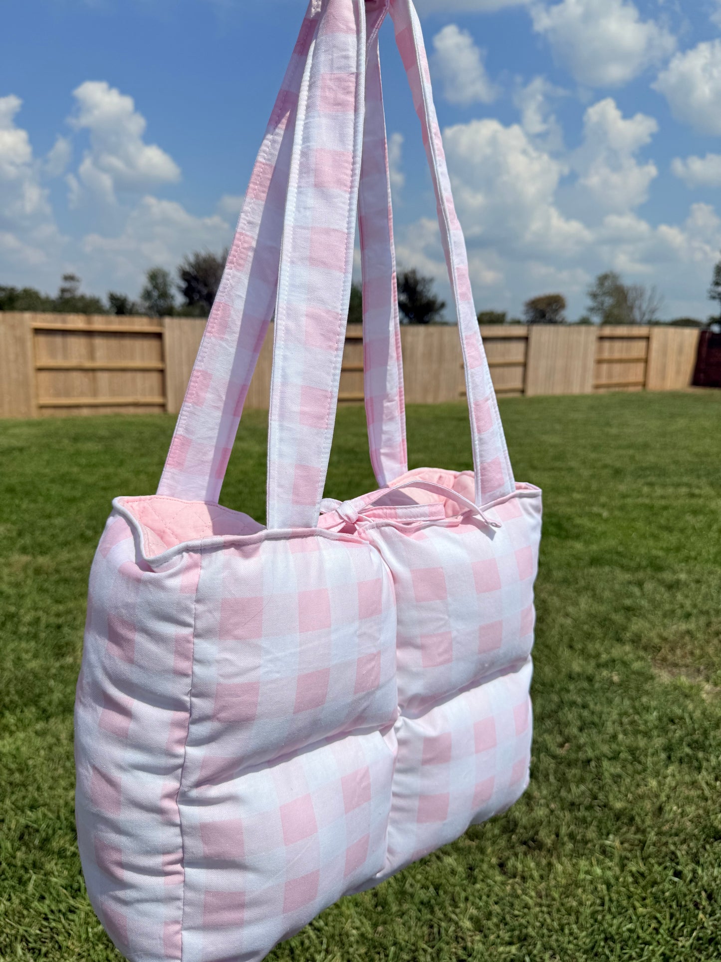 Preorder: Handmade light pink gingham book tote