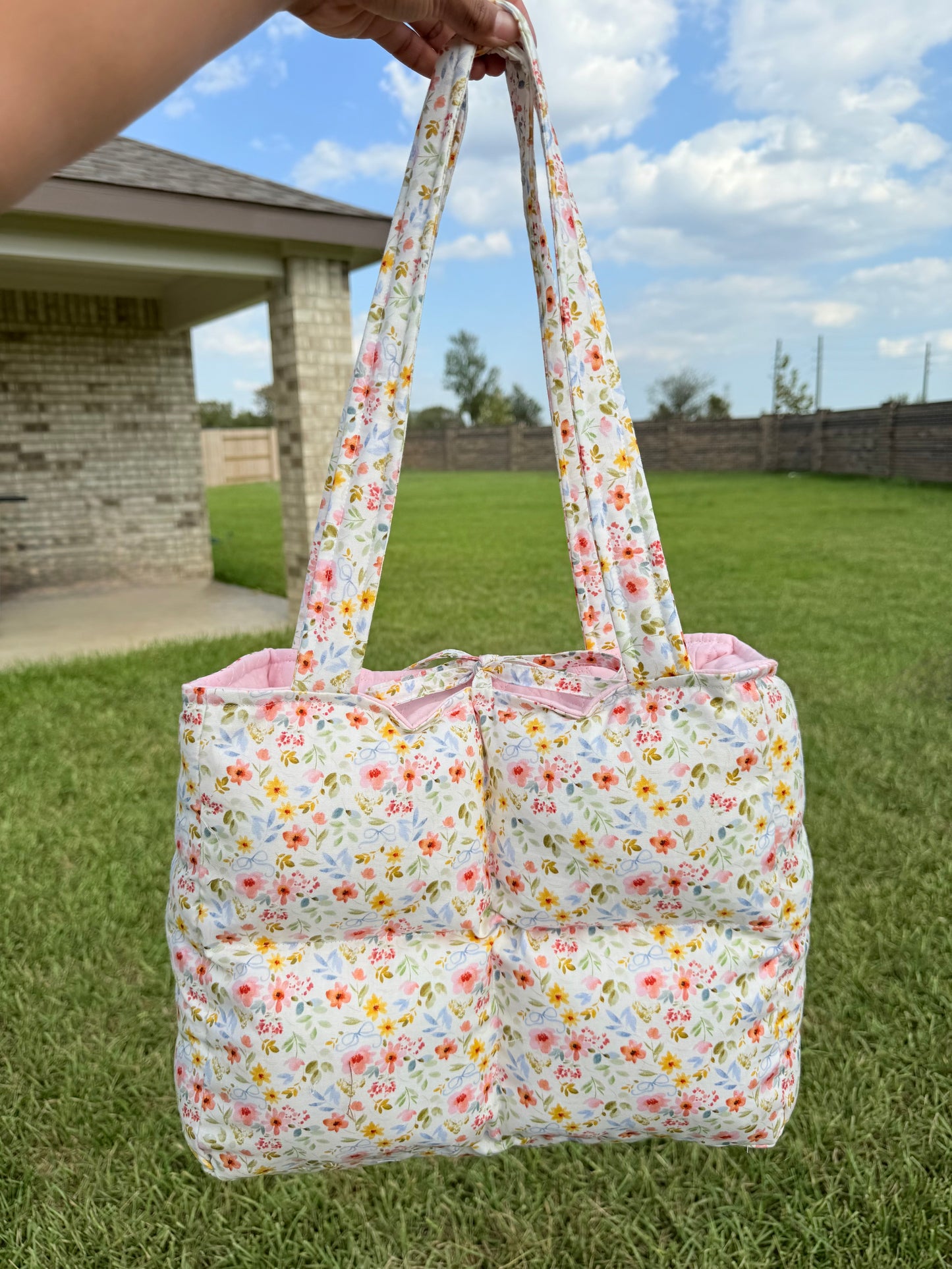 Preorder: Handmade light pink floral book tote