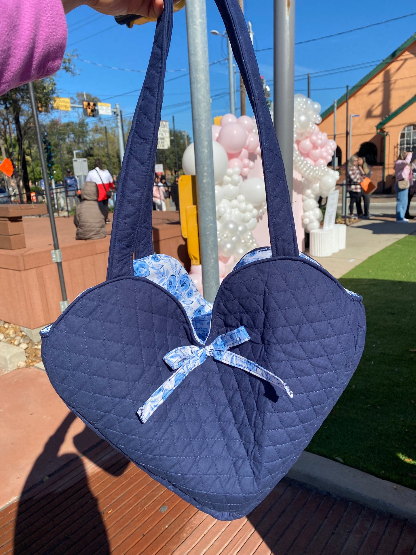 Navy blue heart bag with blue florals