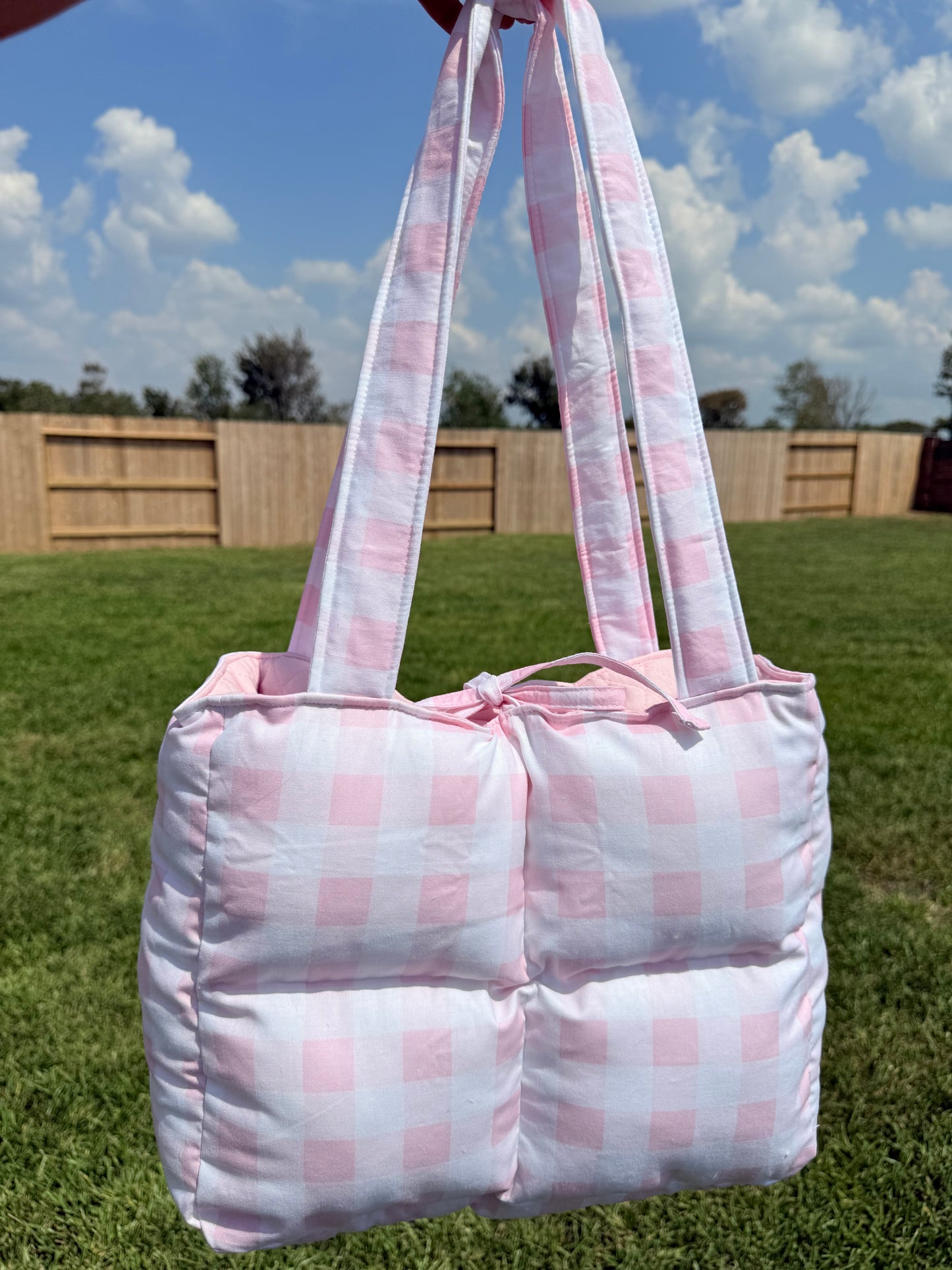 Preorder: Handmade light pink gingham book tote