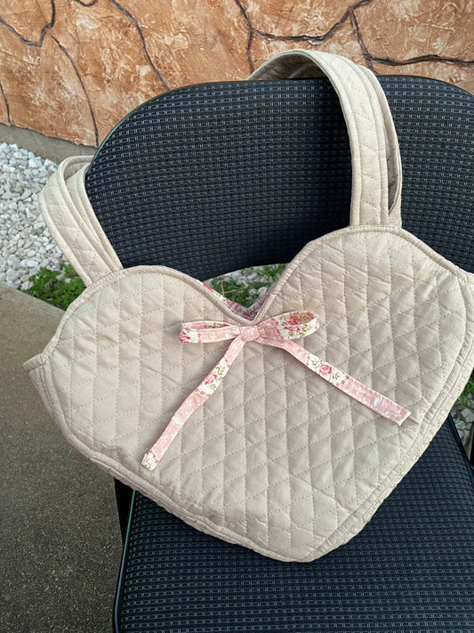 Tan heart bag with light pink florals- PREORDER