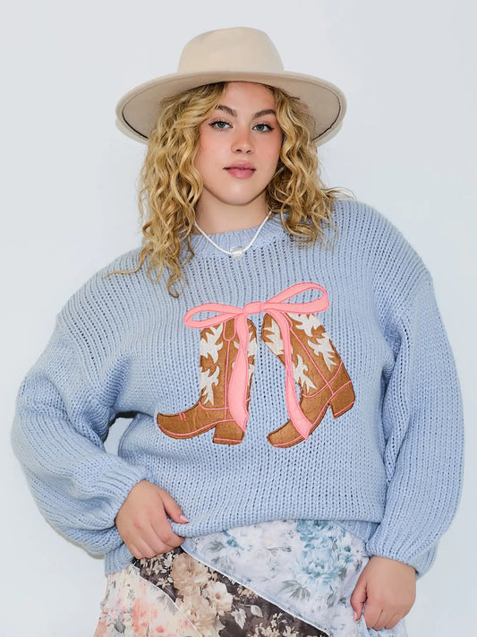 Blue Kylie knit sweater with boots