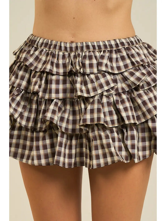 Plaid brown ruffle skort