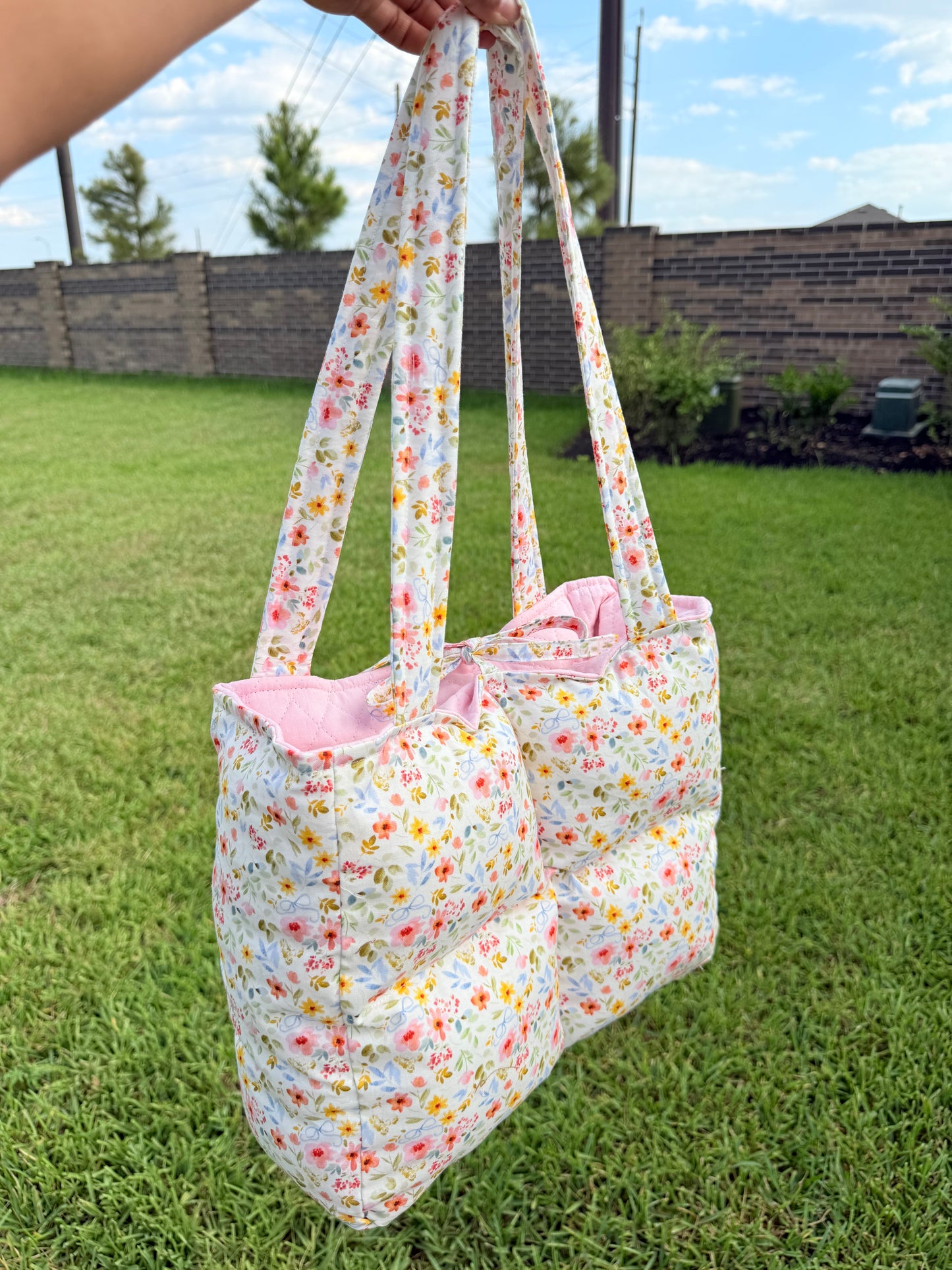 Preorder: Handmade light pink floral book tote