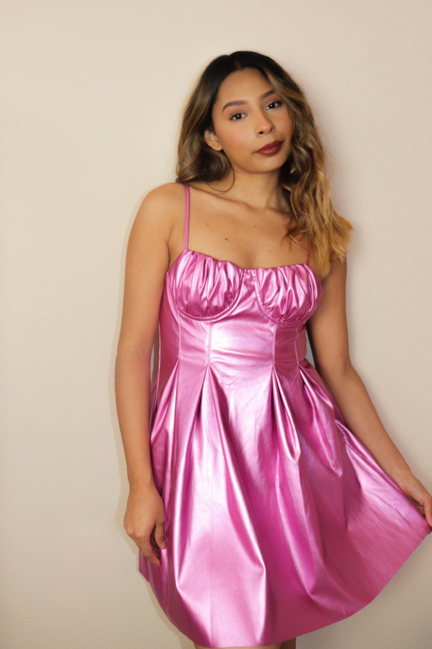 Aria - pink leather a-line dress