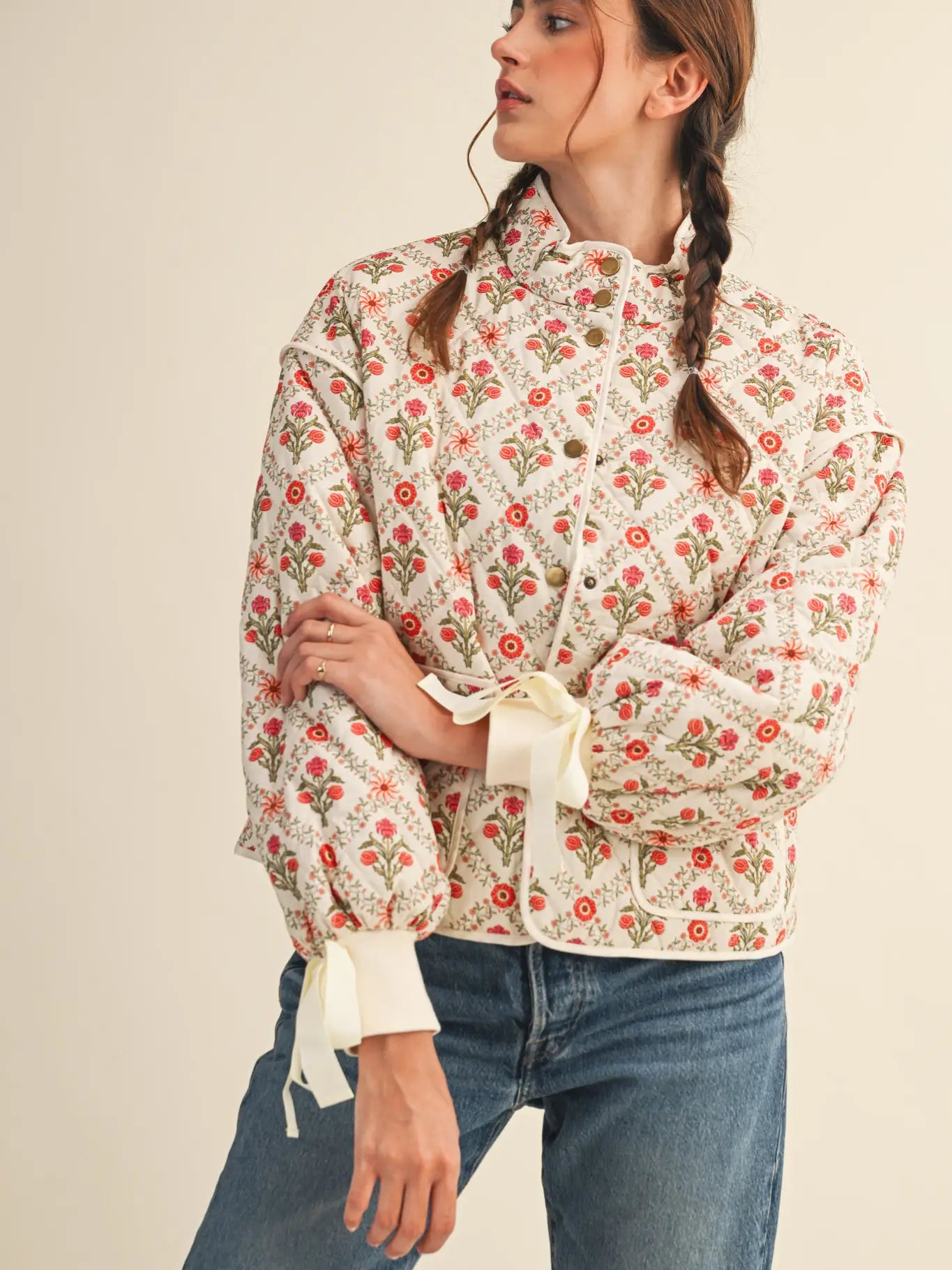 Floral quilted jacket with ribbon detail