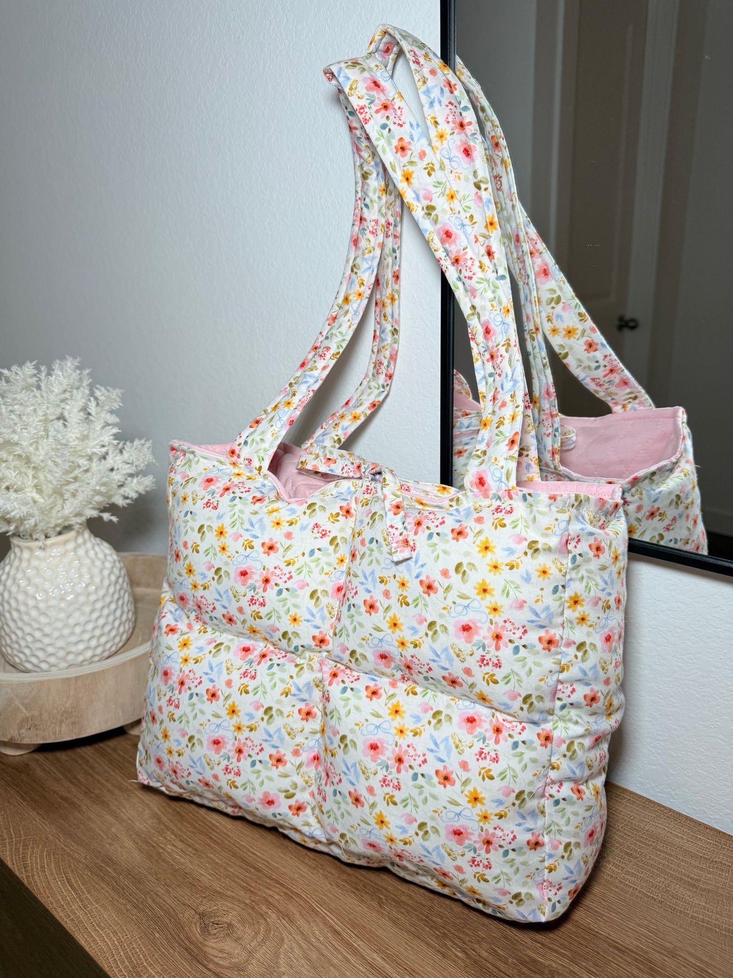 Preorder: Handmade light pink floral book tote